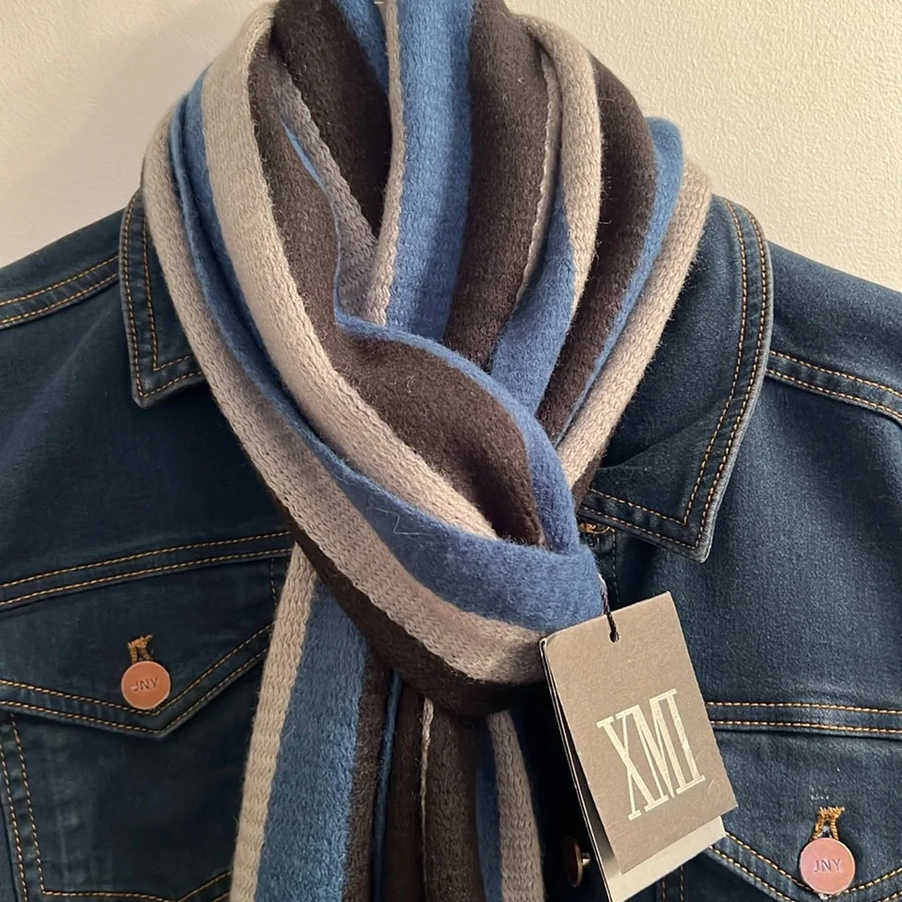 NWT XMI Striped Scarf in Blue, Black, and Gray